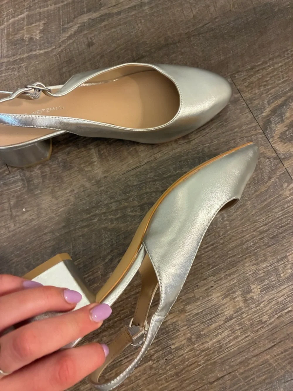 Stuart Weitzman Silver Metallic Slingback Block Heel Pumps Size 8 Never Worn - Picture 4 of 7